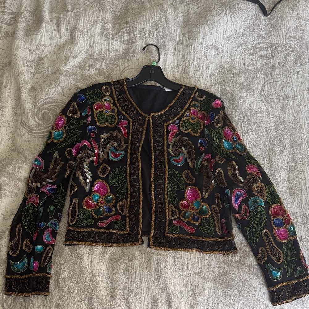 Vintage sequin Embroidered Black Jacket with Multicolor Accents